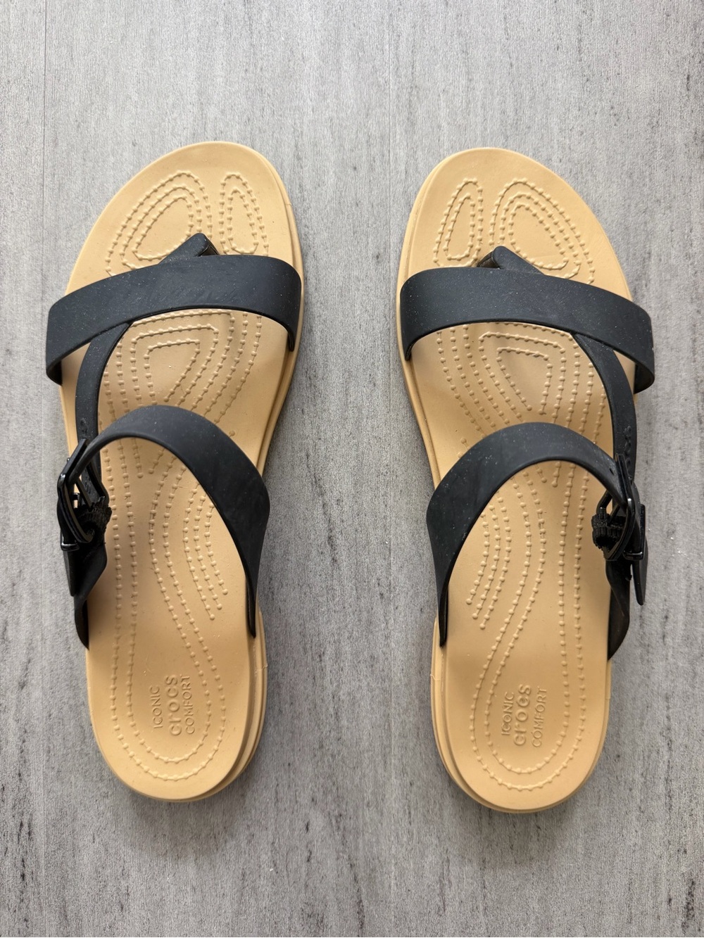 CROCS Black Strappy Sandals with Tan Footbed